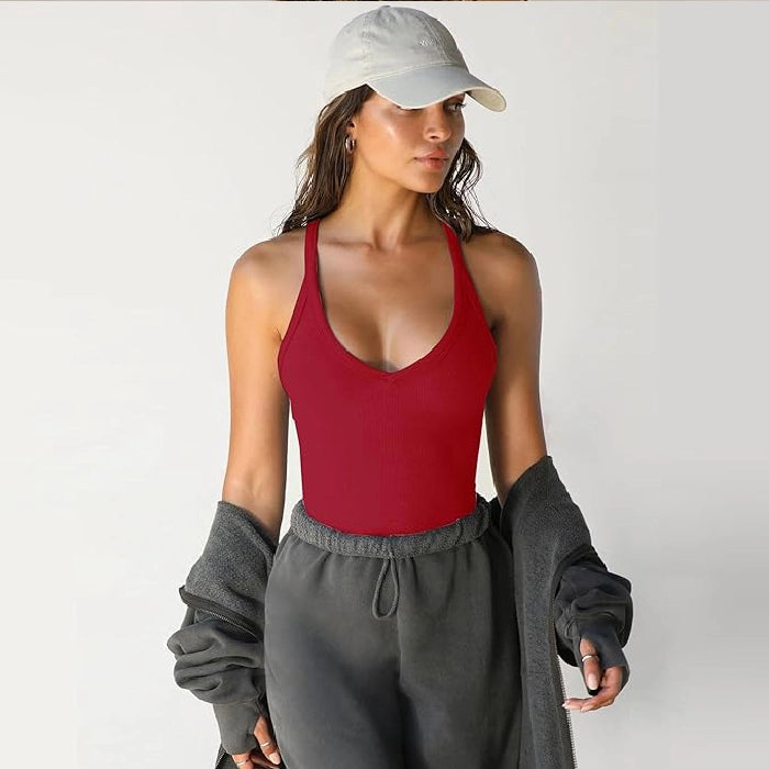Women’s Ribbed V-Neck Racerback Crop Top - Red