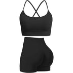 Strappy Crisscross Sports Bra & Scrunch Shorts Yoga Outfit - Black