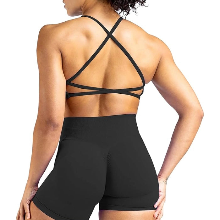 Strappy Crisscross Sports Bra & Scrunch Shorts Yoga Outfit - Black