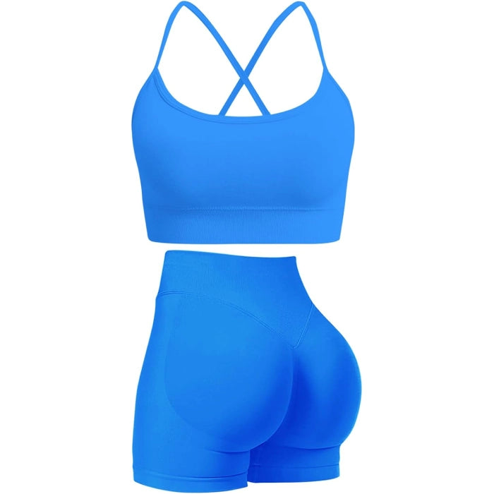 Strappy Crisscross Sports Bra & Scrunch Shorts Yoga Outfit - Blue