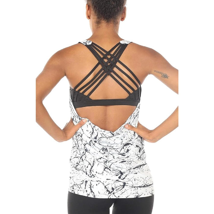 Black White - Women’s Open Back Workout Tank Top with Built-In Bra