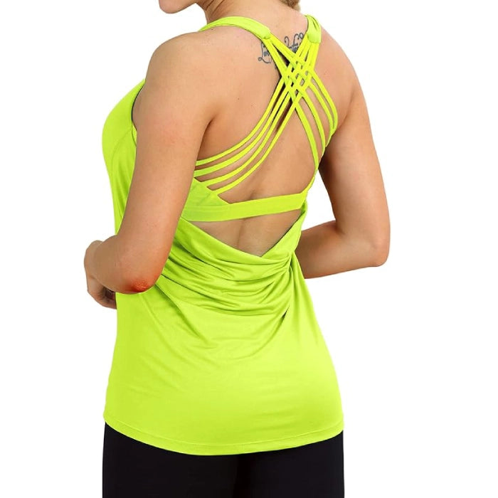 Neon Yellow - Women’s Open Back Workout Tank Top with Built-In Bra