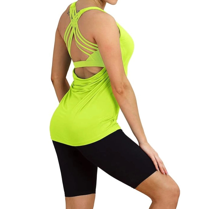 Neon Yellow - Women’s Open Back Workout Tank Top with Built-In Bra