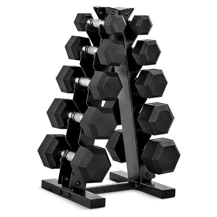 150 lb Rubber Coated Hex Dumbbell Weight Set with Vertical Storage Rack