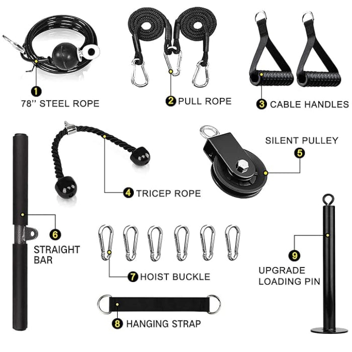 3-in-1 Pulley Cable System with LAT Pulldown Bar, Tricep Rope & 2M Gym Cable