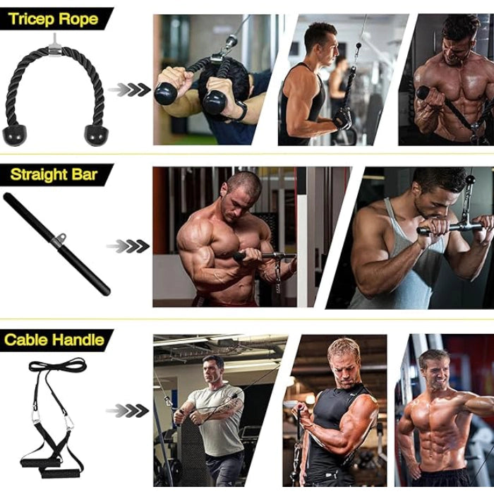 3-in-1 Pulley Cable System with LAT Pulldown Bar, Tricep Rope & 2M Gym Cable