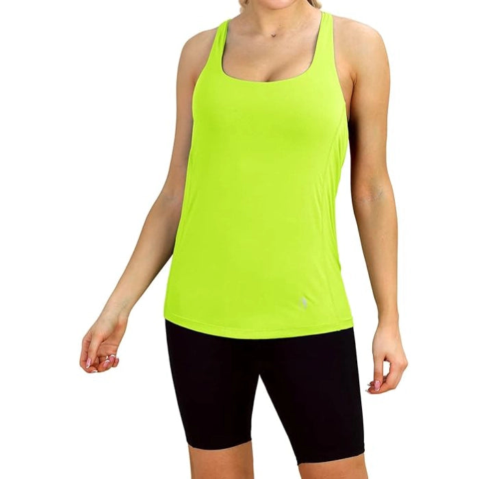Neon Yellow - Women’s Open Back Workout Tank Top with Built-In Bra