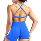 Strappy Crisscross Sports Bra & Scrunch Shorts Yoga Outfit - Blue