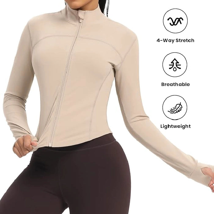 Zip-Up Cropped Athletic Top with Thumb Holes - Workout Running Jacket