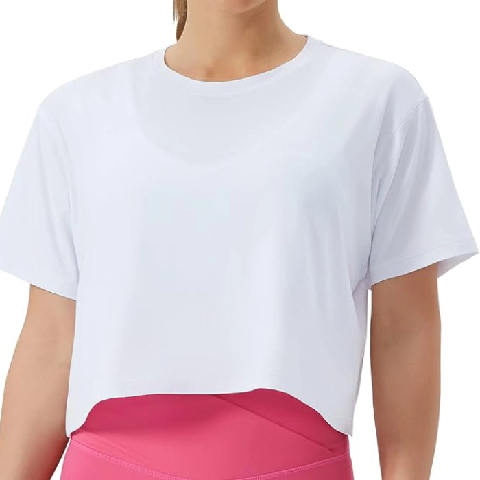 White - Women’s Workout Crop Top T-Shirt for Yoga, Running & Fitness