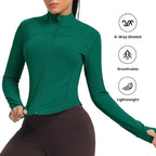 Zip-Up Cropped Athletic Top with Thumb Holes - Workout Running Jacket Green
