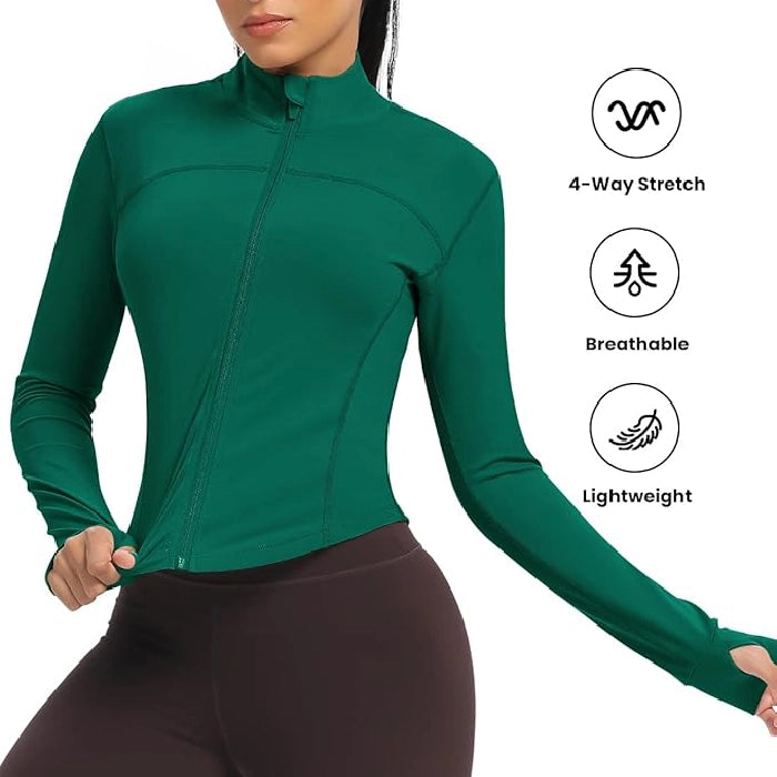 Zip-Up Cropped Athletic Top with Thumb Holes - Workout Running Jacket Green