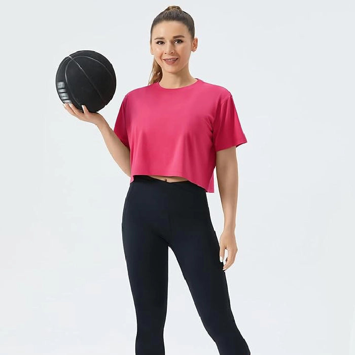 Pink - Women’s Workout Crop Top T-Shirt for Yoga, Running & Fitness